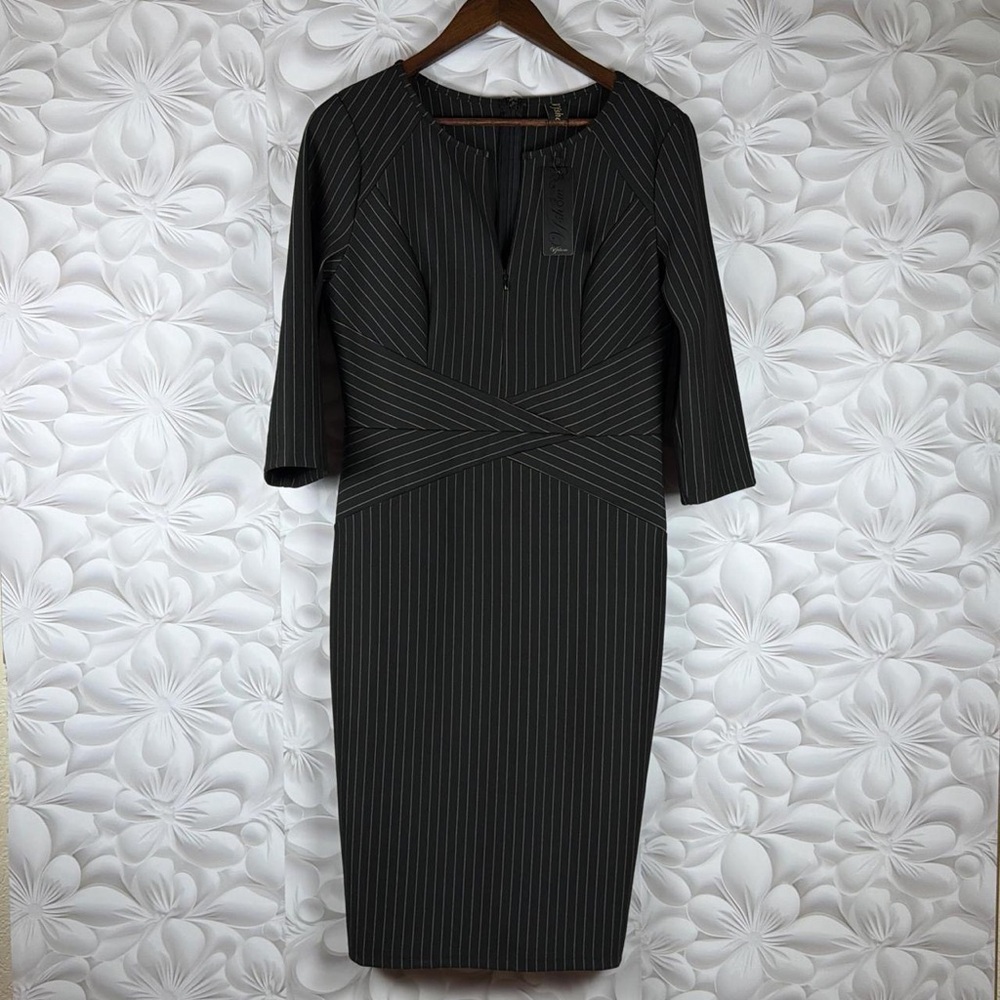 Tailored Black Pinstripe Midi Dress with Waist Detail